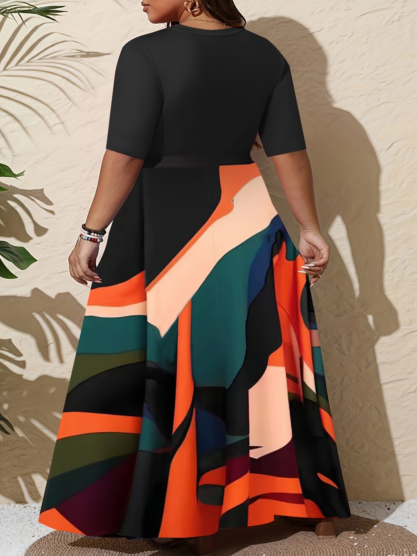 Plus Size Women'S Elegant V-Neck Dress with Contrast Print, 3/4 Sleeve Long Tunic Dress with Pockets and Adjustable Waist Belt - Perfect for Casual Outings, Spring/Summer/Fall, Casual Outing Attire|Vibrant Print Dress|Pockets