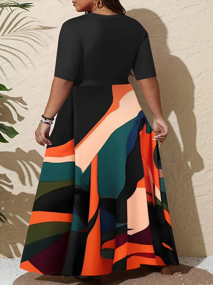 Plus Size Women'S Elegant V-Neck Dress with Contrast Print, 3/4 Sleeve Long Tunic Dress with Pockets and Adjustable Waist Belt - Perfect for Casual Outings, Spring/Summer/Fall, Casual Outing Attire|Vibrant Print Dress|Pockets