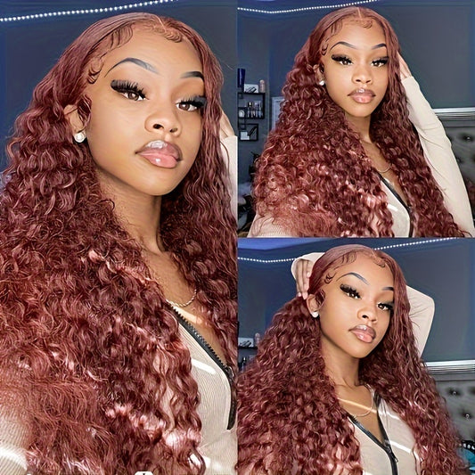 Reddish Brown Human Hair Water Weave Lace Front Wigs 13x4 HD Transparent Lace Frontal Wig #33 Colored Cooper Brown Curly Human Hair Wigs for Women Preplucked Hairline Remy Hair