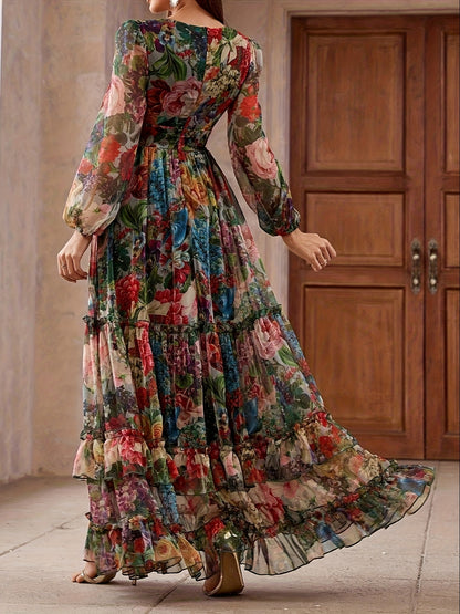 Women's Elegant Maxi Floral Print Chiffon Dress, V-Neck & Puff Sleeves, A-Line Long Formal/semi-formal gown, Pastel Pink, Blue, Green, Red, Purple, Orange, Yellow, White, Machine Washable, Spring/Summer/Fall Events, Parties,