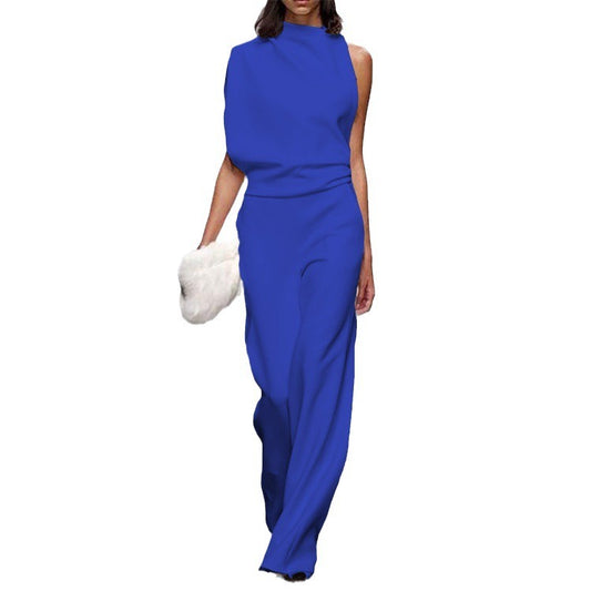 New style women's pants solid color single shoulder pile up collar jumpsuit dress pants