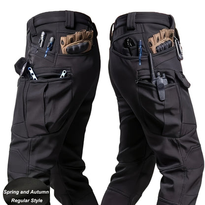 Men's Multi-Pocket Work Pants - Men's Outdoor Casual Tactical Trousers - 90.7% Polyester, 9.3% Spandex - Durable Fabric with Elastic Waist - Regular Fit, Machine Washable - Spring/Autumn Casual Attire Hiking Longs