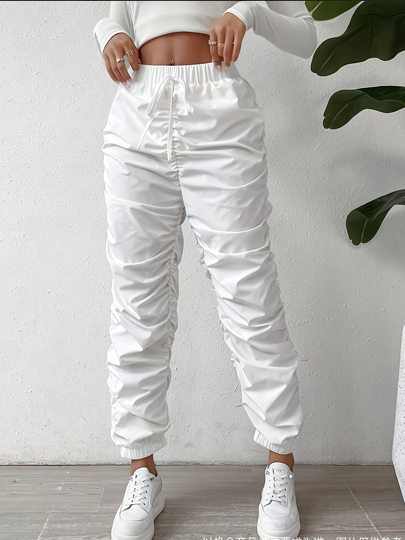 Elegant Full-Length Wrinkle/pleated Hem Pants - Solid Color Smooth Non-Stretch Leg for Dress Pants, Spring/Summer Casual & Dress Wear, Machine Washable Regular Fit Trousers