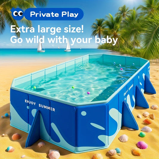 Quick Setup Foldable Rectangular PVC Inflatable Swimming Pool with Blue Wave Design & Safety Fence - Heavy-Duty Scratch-Resistant Construction, Manual Drain System, Smooth Surface for Outdoor/Indoor Use - Ideal for Parties, M