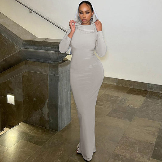 Hooded Long Sleeves Fitted Dress for Women Elegant Sexy Back Slit Bodycon Maxi Dresses Street Style