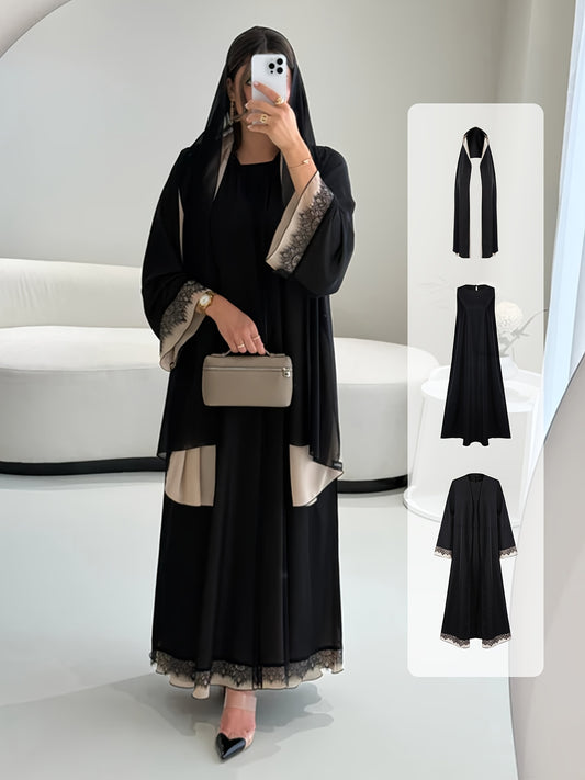3pcs Middle Eastern Traditional Abaya & Hijab Set - Elegant Long Sleeve Muslim Prayer Robes with Lace Trim, All-Season Wear, Loose Flowing Hem, Solid Black & White