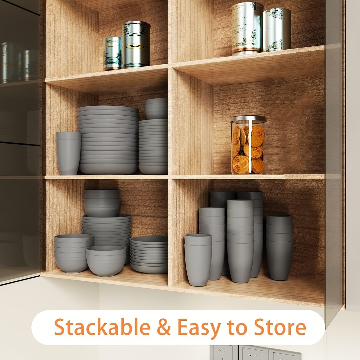 8/16pcs Grey Unbreakable High quality plastic Dinnerware Sets - Reusable, Lightweight, Microwave & Dishwasher Safe - 8pcs Plates, 4pcs Cups, 4pcs Bowls - for Camping, Picnics, RV, Dorm - Perfect Gift for Students & Outdoor En