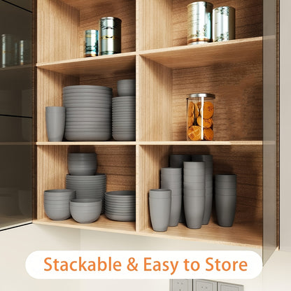 8/16pcs Grey Unbreakable High quality plastic Dinnerware Sets - Reusable, Lightweight, Microwave & Dishwasher Safe - 8pcs Plates, 4pcs Cups, 4pcs Bowls - for Camping, Picnics, RV, Dorm - Perfect Gift for Students & Outdoor En