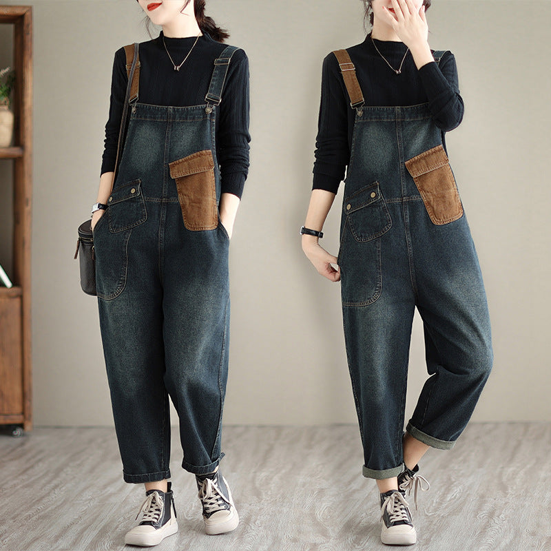 Color blocked oversized denim overalls women's jumpsuit