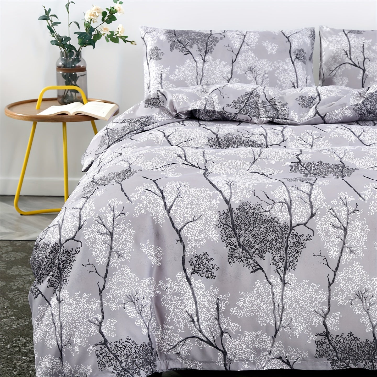 3pcs Botanical Floral Print Silver Gray Theme Bedding Set, Suitable for Bedroom, Guest Room, One Duvet Cover + Two Pillowcases, No Insert