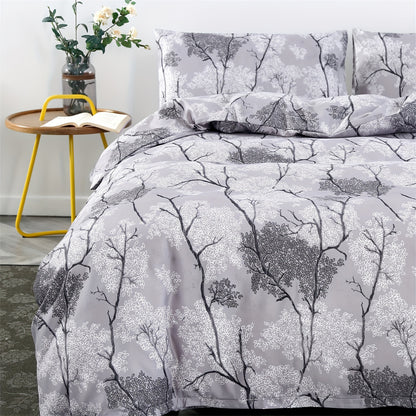 3pcs Botanical Floral Print Silver Gray Theme Bedding Set, Suitable for Bedroom, Guest Room, One Duvet Cover + Two Pillowcases, No Insert