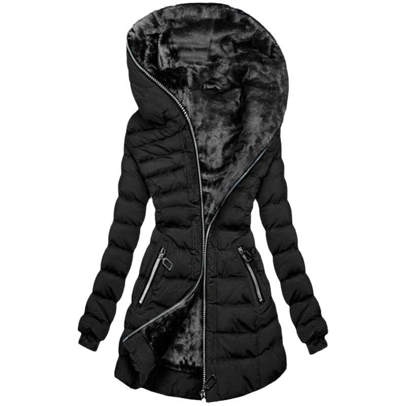 Women's cotton clothing hooded long sleeved warm and plush cotton clothing winter mid to long zipper jacket