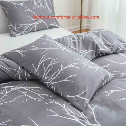 100% Polyester Printed Duvet Cover Set + Pillowcase 3pcs Set Lien White Branch Leaf Floral Print, 2*Pillowcases, 1*Duvet Cover, Unfilled, Grey Bedding, Ultra Soft Breathable Comfortable Polyester Material, Suitable for All Se