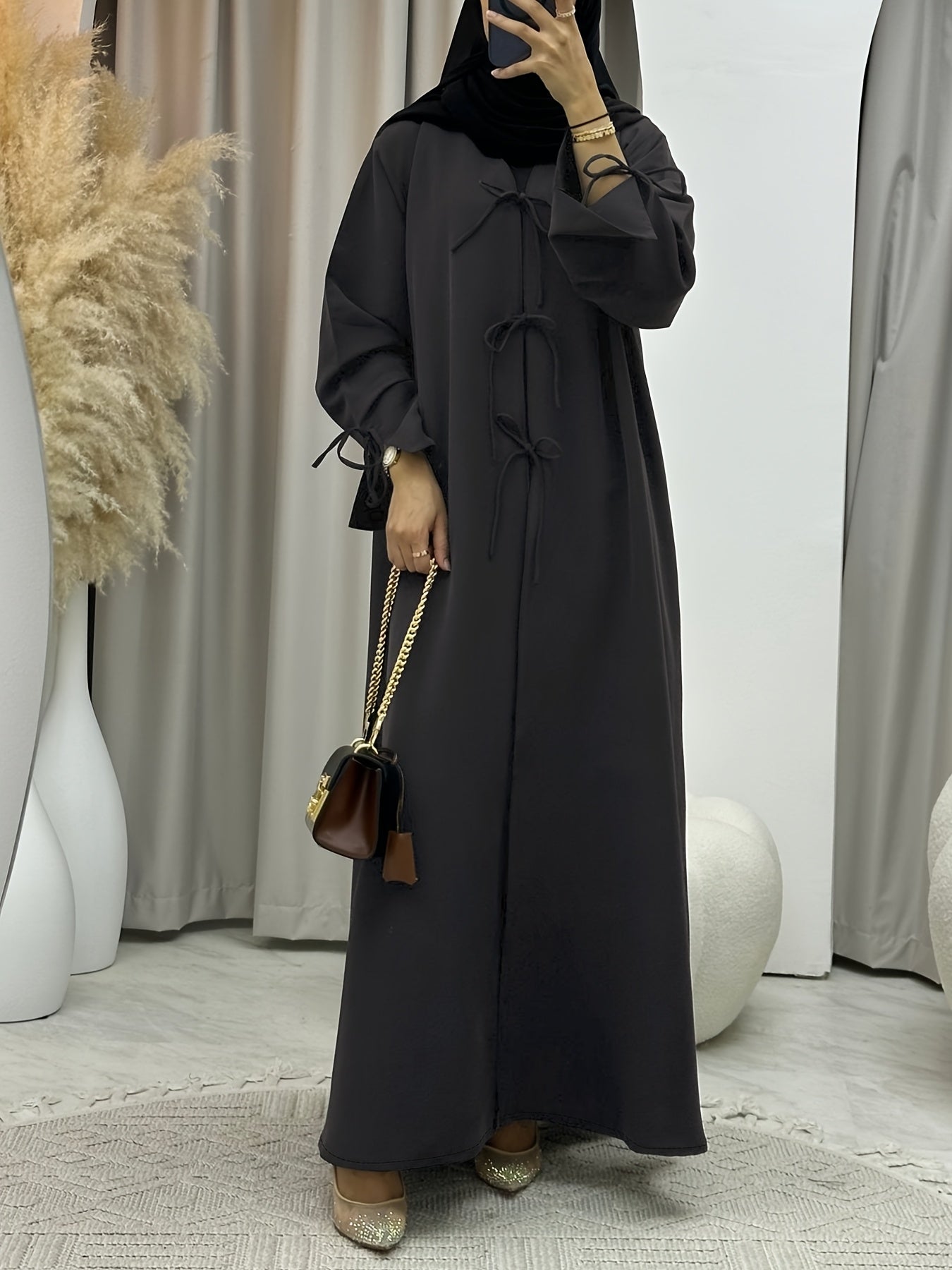 /Unisex Black Abaya Robe - Full-Length Islamic Dress with Adjustable Lace-Up Hooded Collar, Long Sleeve Traditional Muslim Gown for Hajj, Ramadan & Daily Wear - Machine Washable Loose Fit (No Stretch)