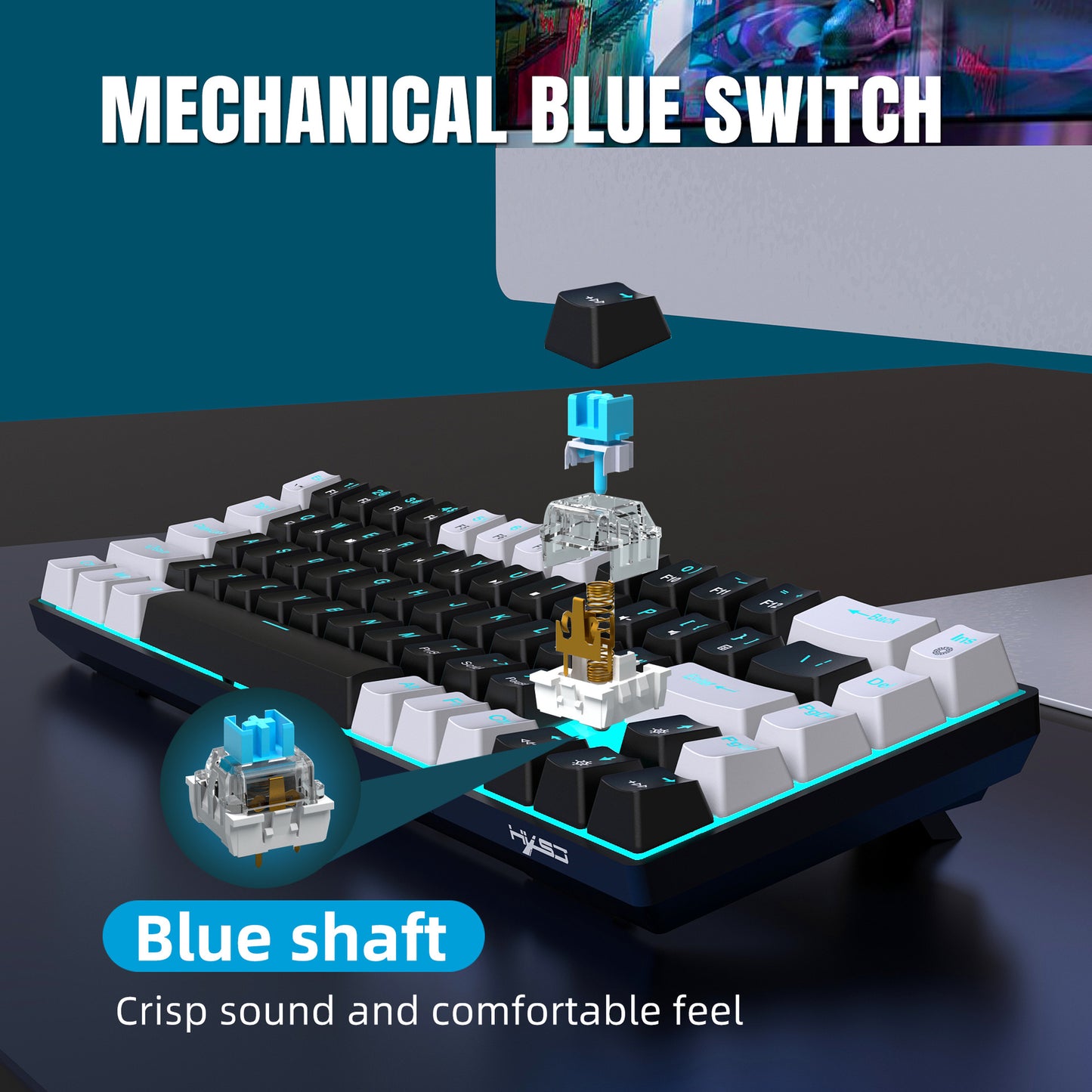 68 keys, 60% keyboard, customized color blocked keycaps, RGB mechanical keyboard, MINI set, plug-in blue axis ice blue disc