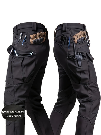 Men's Multi-Pocket Work Pants - Men's Outdoor Casual Tactical Trousers - 90.7% Polyester, 9.3% Spandex - Durable Fabric with Elastic Waist - Regular Fit, Machine Washable - Spring/Autumn Casual Attire Hiking Longs