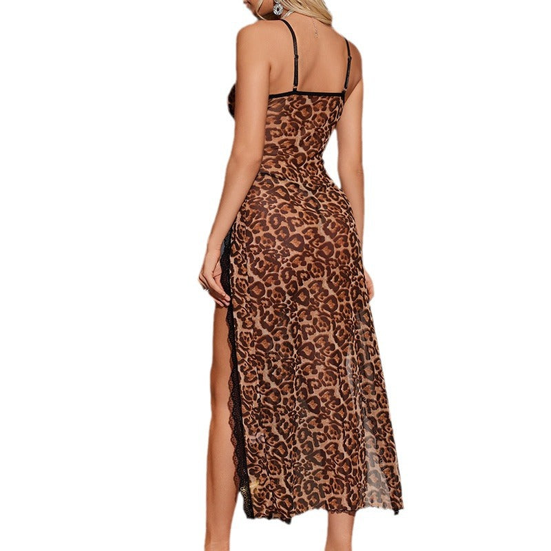 Sexy lingerie, see through long skirt, pajama set, sexy slit leopard print lace backless nightgown