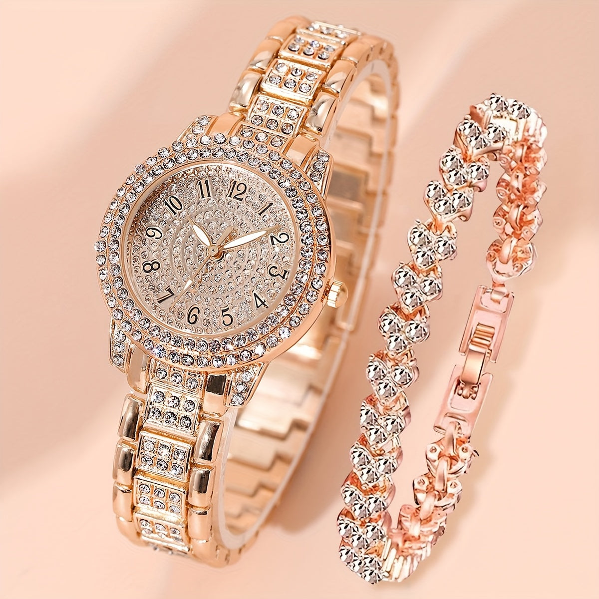 2pcs Luxurious Womens Rhinestone Bracelet Watches - Dazzling Golden Quartz Timepieces with Fashion-forward Design - Perfect Stylish Bling Dress Watches for Special Occasions & Xmas Gifts