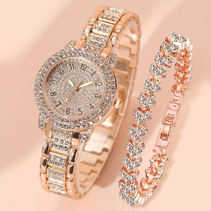 2pcs Luxurious Womens Rhinestone Bracelet Watches - Dazzling Golden Quartz Timepieces with Fashion-forward Design - Perfect Stylish Bling Dress Watches for Special Occasions & Xmas Gifts