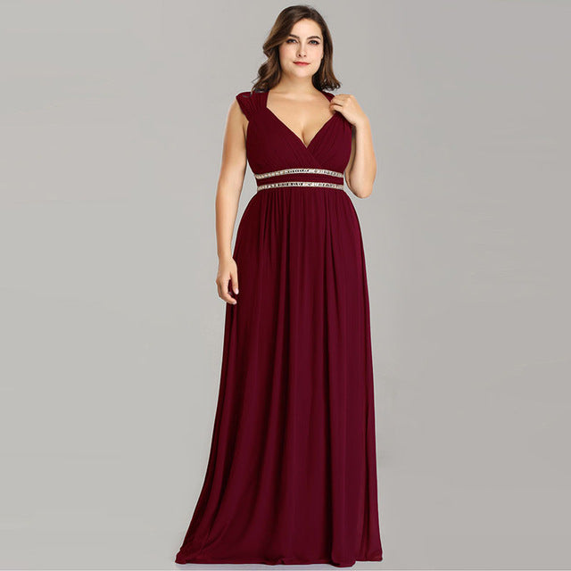 Ever Pretty Plus Size Formal Evening Dresses Long Women Elegant Burgundy V Neck Chiffon Empire Party Gown Robe De Soiree