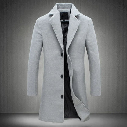 Spring Autumn New Long Cotton Coat New Wool Blend Pure Color Casual Business Fashion Men's Clothing Slim Windbreaker Jacket