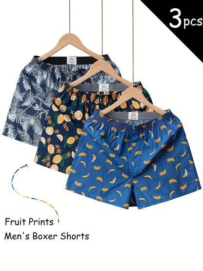 3 Pieces of Men's Comfortable Cotton Fruit Pattern Full Print Boxer Shorts with Breathable Fabric and Relaxed Fit for Everyday Wear