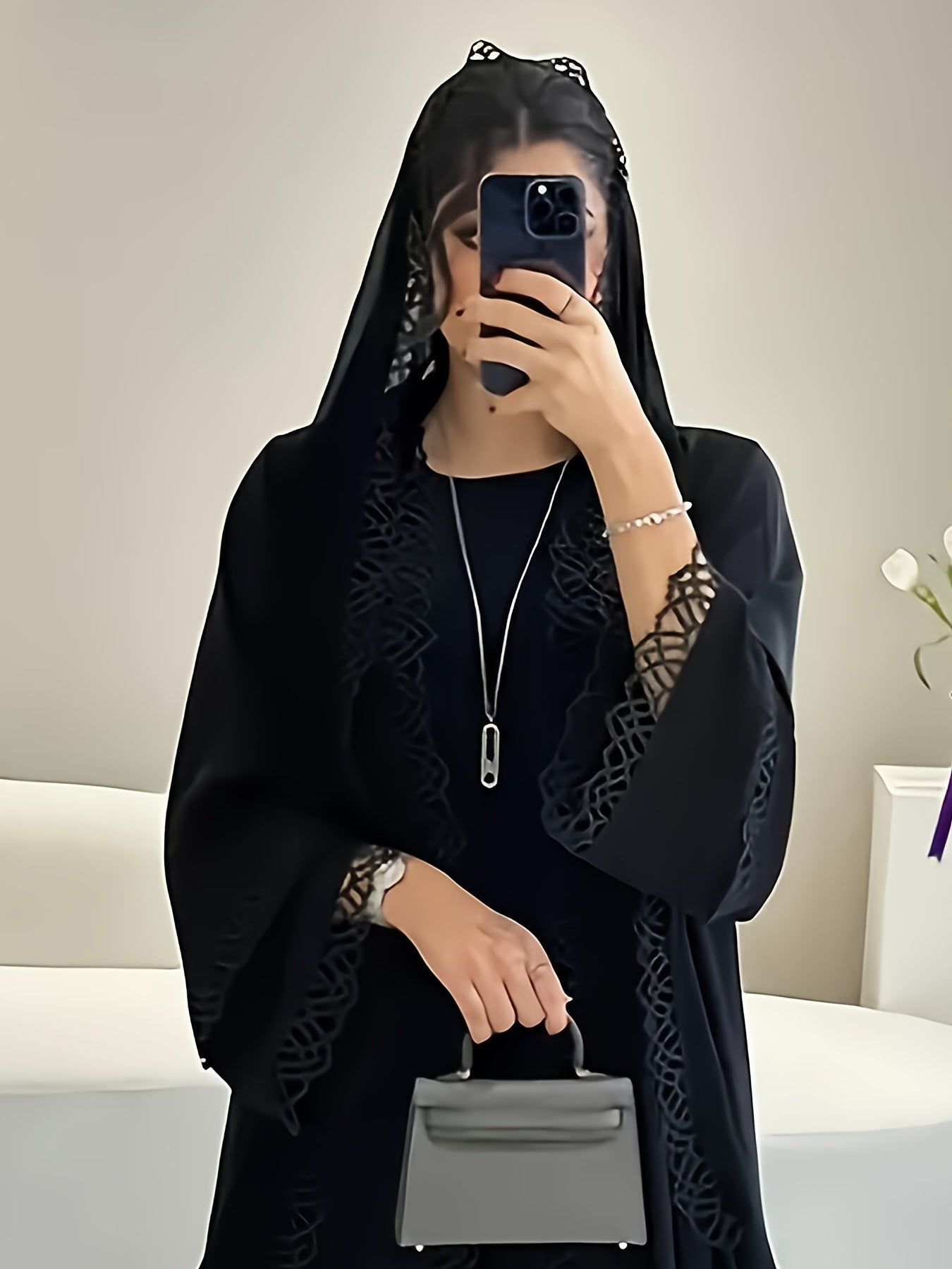 3pcs Elegant Muslim Women'S Abaya Set with Sleeveless Vest Skirt, Headscarf, and Belt - Black Lace Trim, Long Sleeve, Solid Color, All-Season Wear, Modest Fashion for Ramadan, Elegant Attire|Traditional Attire|Lace Trim Detai