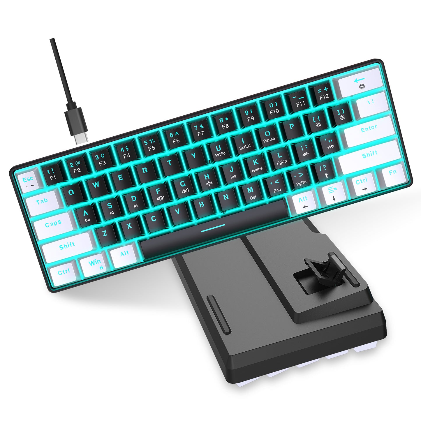 Mechanical keyboard 61 key short style small keyboard for office typing, black and white dual splicing ice blue backlit blue axis gaming keyboard