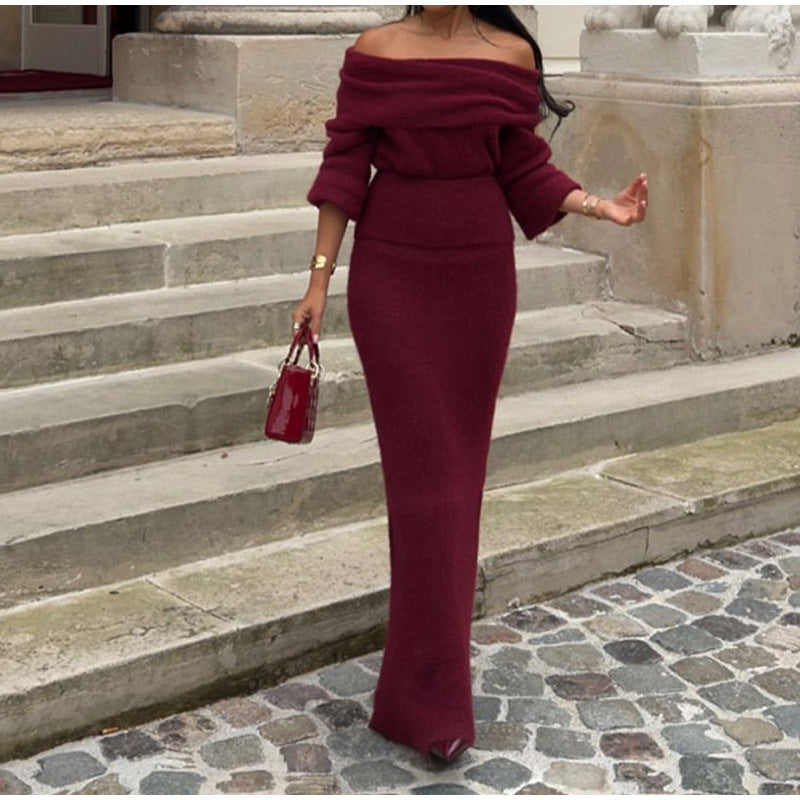 Solid color off shoulder knitted long dress fashionable slim fit eye-catching knitted long dress