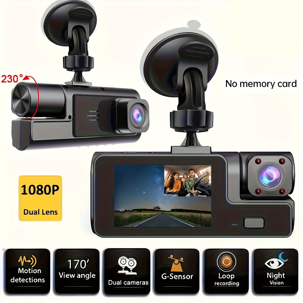 A Car Dash Cam with Memory Card Included, Optional Without Memory Card, 1080P Front Camera, 720P Rear Camera, Infrared Night Vision, Loop Recording