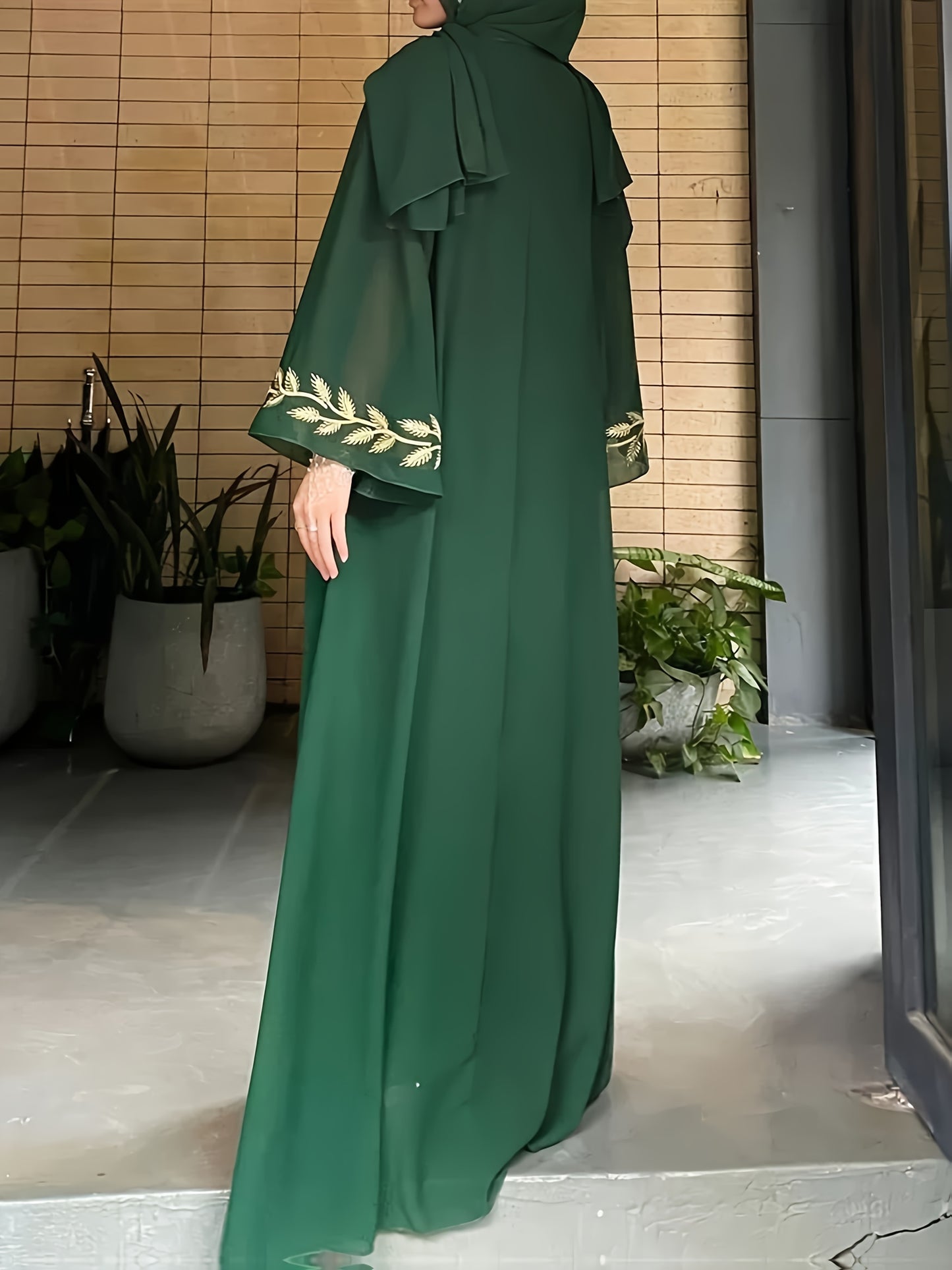 2pcs set of Middle Eastern clothing, fashionable street style, pink round collar embroidered long robe + headscarf