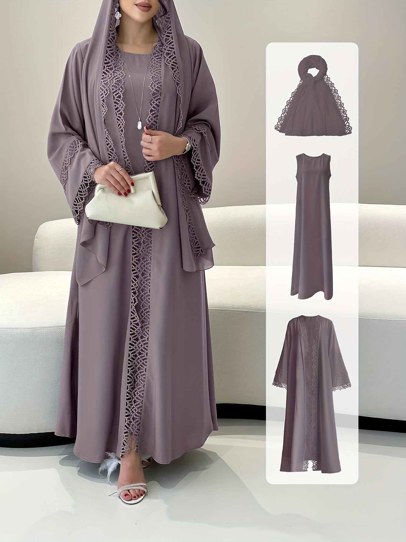 2pcs Elegant Traditional Abaya with Lace Trim and Sleeveless Vest Skirt Set, Headscarf, Long Sleeve, Solid Color, All-Season Wear, No Belt, for Ramadan, Cultural Attire|Elegant Abaya|Lace Trim Abaya, Gulf Abaya For Women Eleg