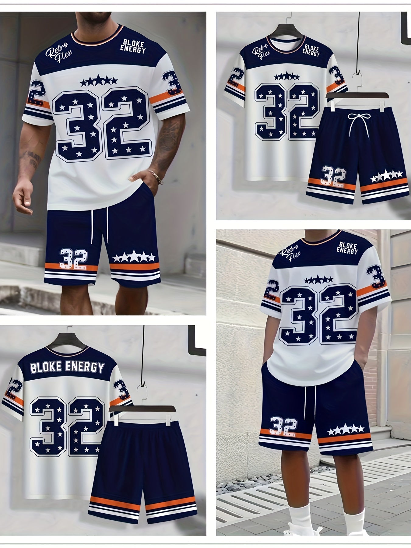 2pcs Set Men's Oversized Number 32 Jersey-like Matching Tunic & Athletic Shorts - Breathable White & Navy Blue with Orange Stripe Design, Number 32 Print, Drawstring Waist Casual & Sports Wear - Gym,, Birthday Party Outfit -