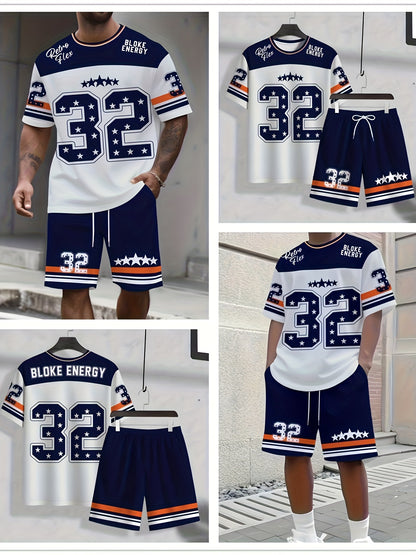 2pcs Set Men's Oversized Number 32 Jersey-like Matching Tunic & Athletic Shorts - Breathable White & Navy Blue with Orange Stripe Design, Number 32 Print, Drawstring Waist Casual & Sports Wear - Gym,, Birthday Party Outfit -
