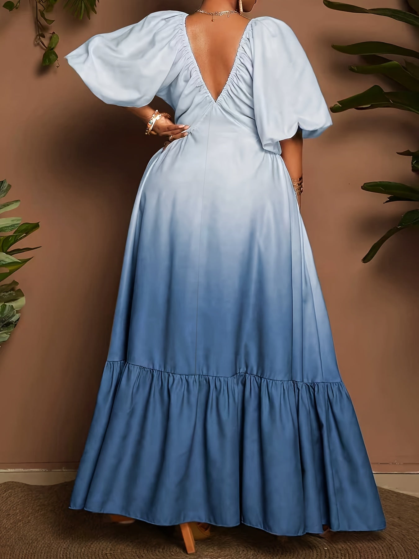 [Elegant Maxi Dress] Elegant Gradient Maxi Dress | Women's Deep V-Neck Lantern Sleeve A-Line Loose Fit with Zipper Back, Machine Washable for Vacation, Beach, Formal & Casual Occasions