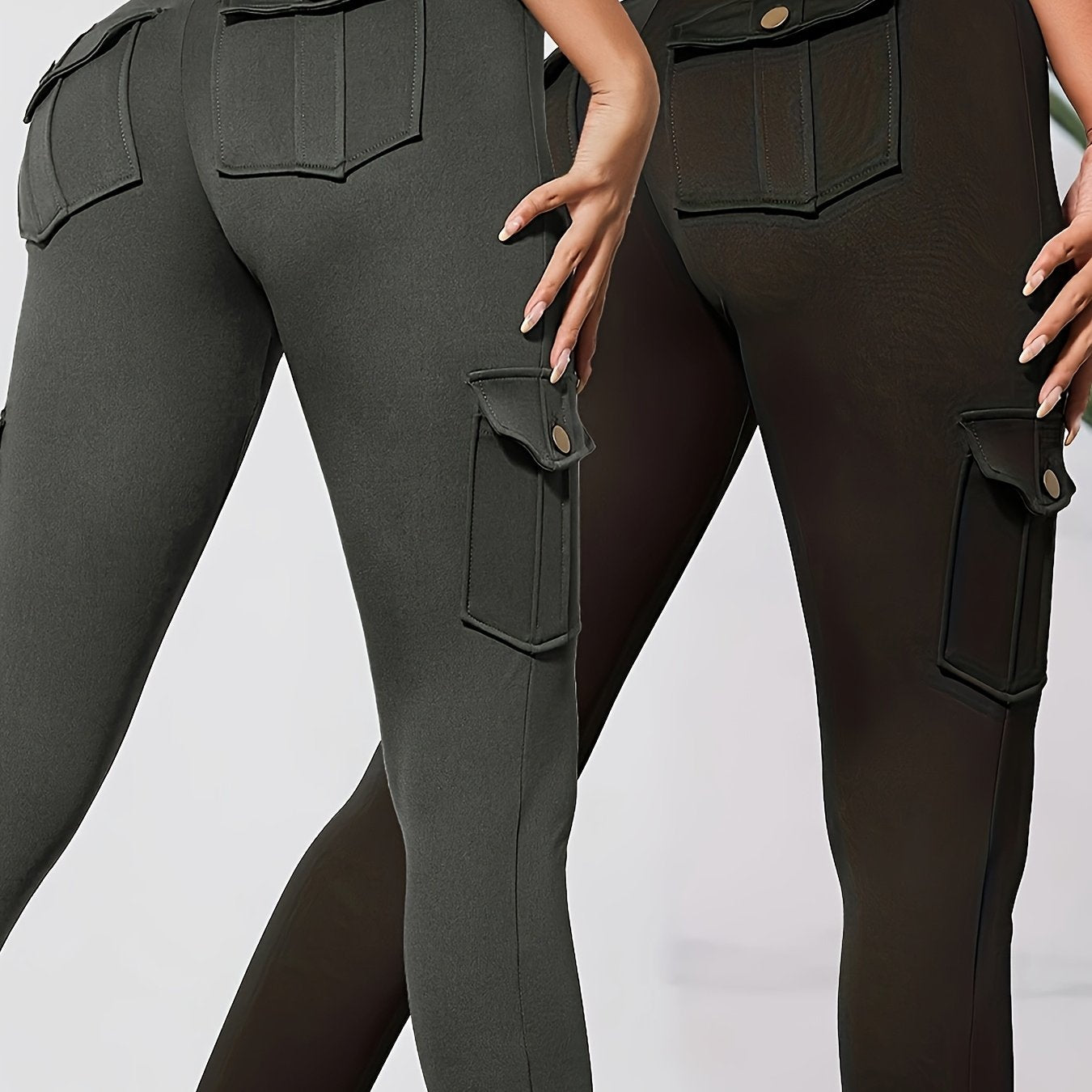 2pcs Women'S Cargo Leggings with Side Pockets - Olive Green & Black, Elastic Waistband, Mid-Rise, Stretchy Polyester Blend, Perfect for Outdoor & Casual Wear, Spring/Summer Collection, Versatile Clothing | Side Pocket Legging
