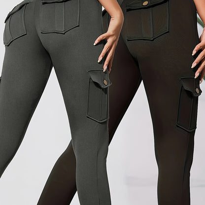 2pcs Women'S Cargo Leggings with Side Pockets - Olive Green & Black, Elastic Waistband, Mid-Rise, Stretchy Polyester Blend, Perfect for Outdoor & Casual Wear, Spring/Summer Collection, Versatile Clothing | Side Pocket Legging