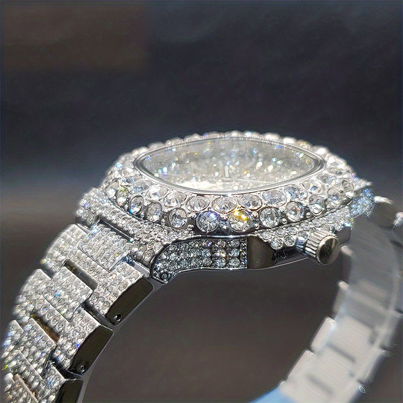 Gold Watch For Men Diamond Iced Out Hip Hop Stylish Quartz Watches For Male Double Dial Heavry Waterproof Wristwatches Summer In