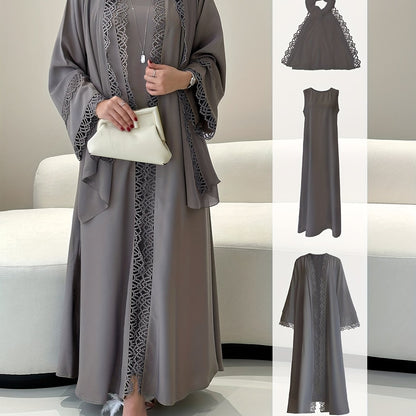 2pcs Elegant Traditional Abaya with Lace Trim and Sleeveless Vest Skirt Set, Headscarf, Long Sleeve, Solid Color, All-Season Wear, No Belt, for Ramadan, Cultural Attire|Elegant Abaya|Lace Trim Abaya, Gulf Abaya For Women Eleg