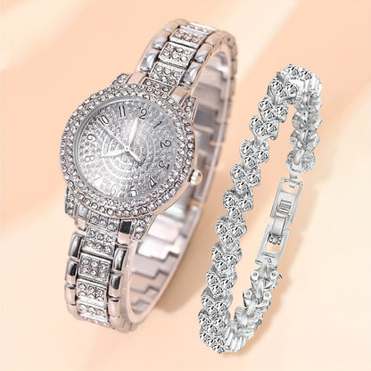 2pcs Luxurious Womens Rhinestone Bracelet Watches - Dazzling Golden Quartz Timepieces with Fashion-forward Design - Perfect Stylish Bling Dress Watches for Special Occasions & Xmas Gifts