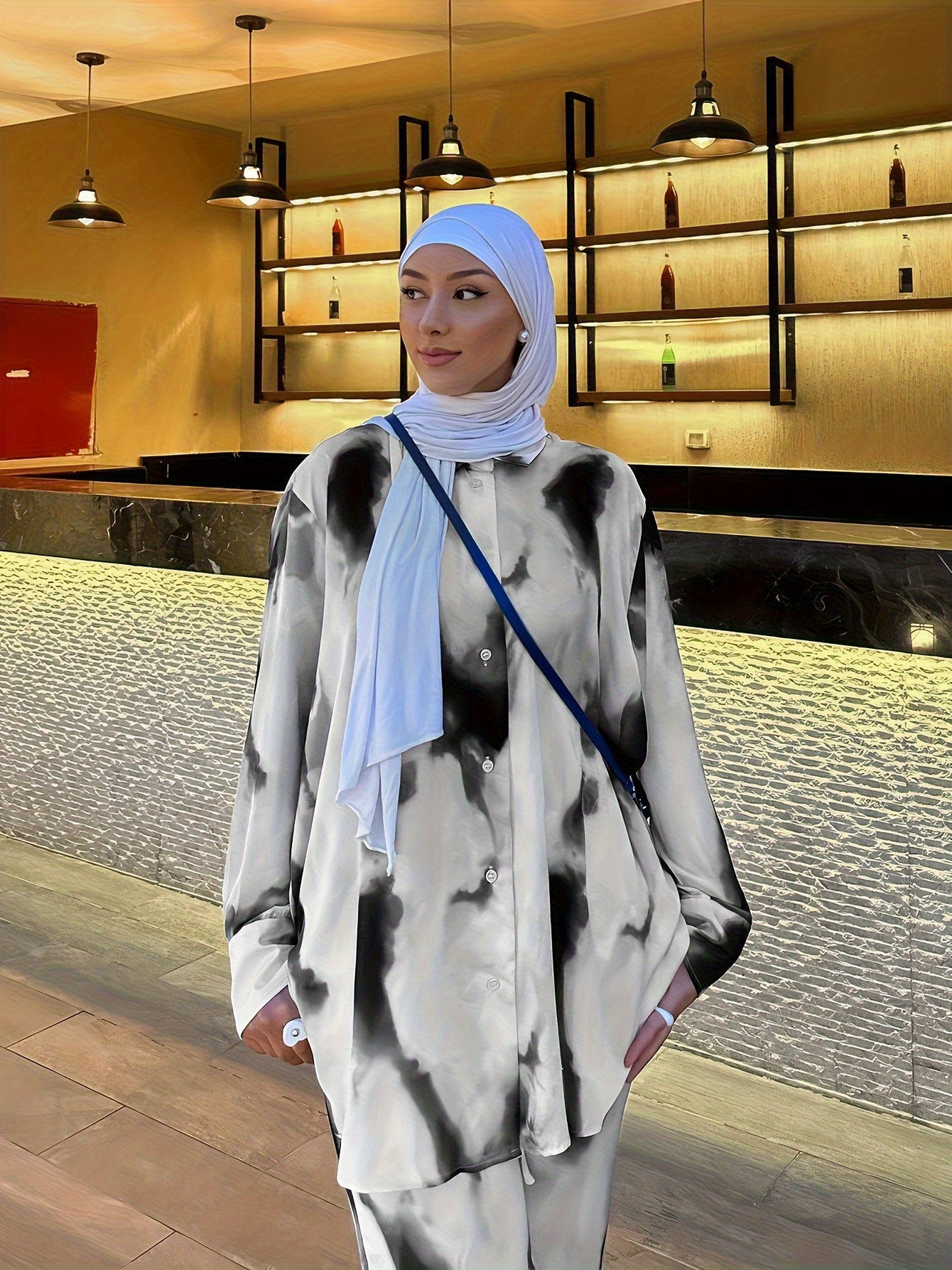 2pcs Women's Elegant Arabic-Inspired Abaya Set - Long Sleeve Shirt & Pants with White & Black Gradient Print, Structured Button-Up Outfit, Machine Washable All-Season Muslim Women's Clothing for Casual & Formal Events, Fancy