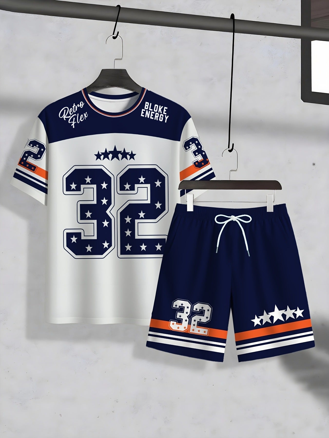 2pcs Set Men's Oversized Number 32 Jersey-like Matching Tunic & Athletic Shorts - Breathable White & Navy Blue with Orange Stripe Design, Number 32 Print, Drawstring Waist Casual & Sports Wear - Gym,, Birthday Party Outfit -