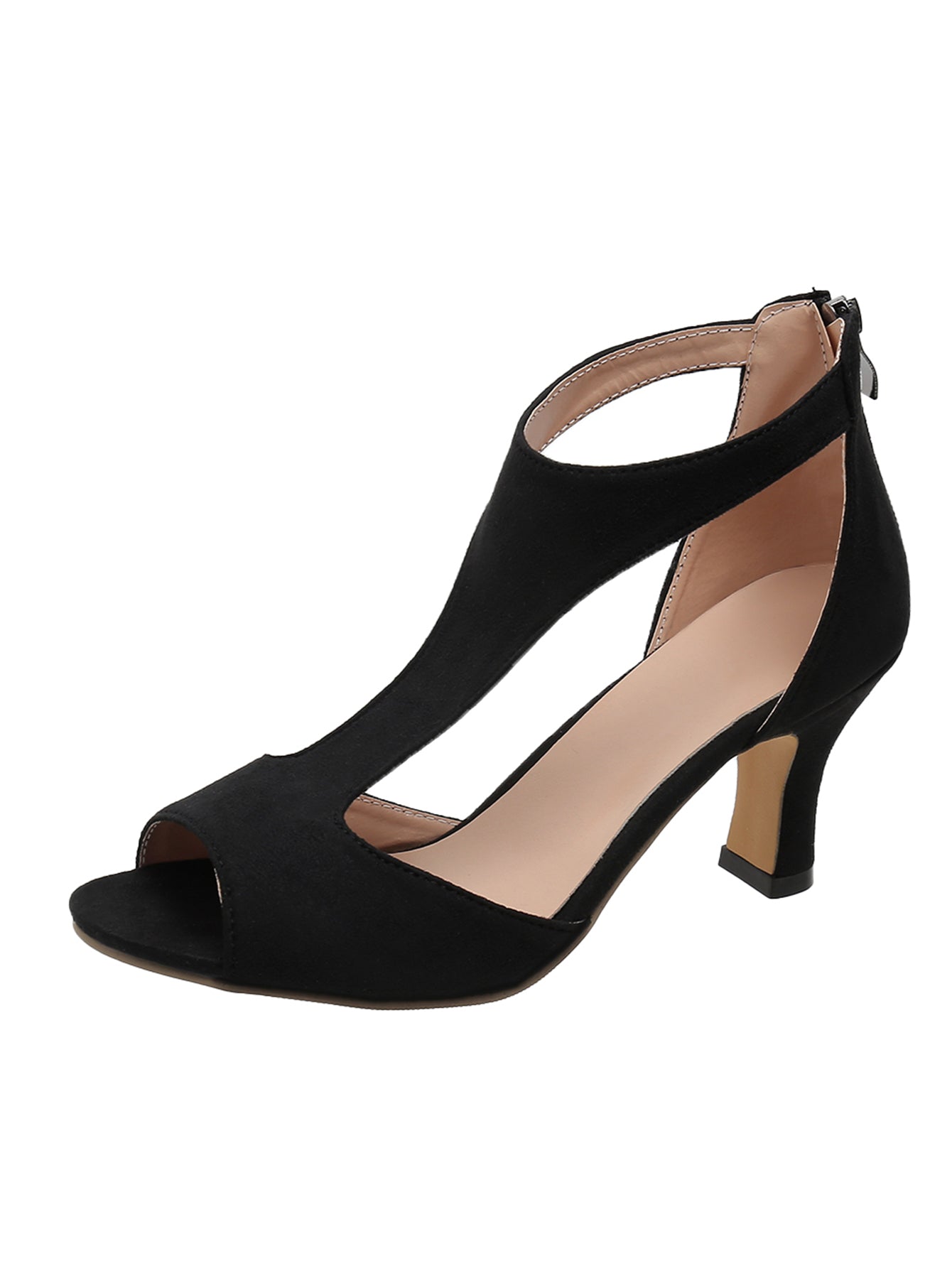 Chic Womens Peep Toe High Heel Sandals - Stylish T-strap, Comfortable Chunky Heel, Zipper Closure - Timeless Black for Versatile Wear