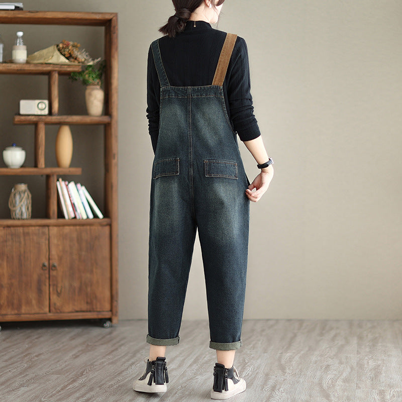 Color blocked oversized denim overalls women's jumpsuit