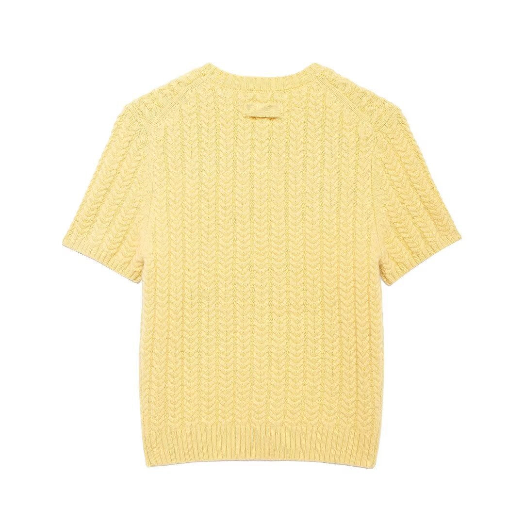 Stylish round neck short sleeved eight strand braided yellow knitted sweater for women