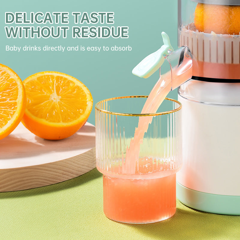 Portable USB - rechargeable slow juicer for oranges, lemons & other fruits. A handy electric blender for home kitchens.