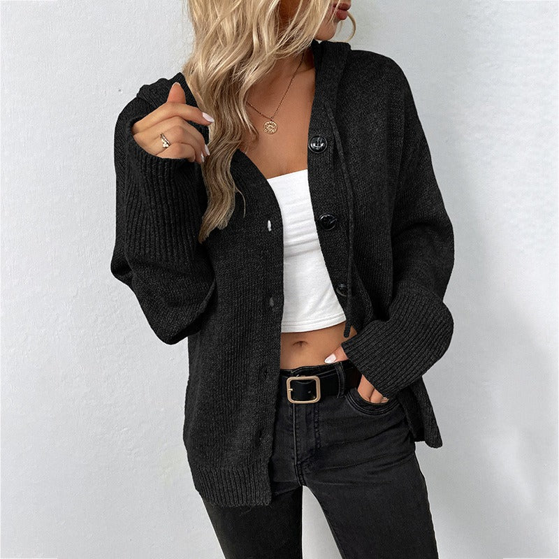 Solid Hooded Single Breasted Sweater Women's New Drawstring Knitted Cardigan Coat