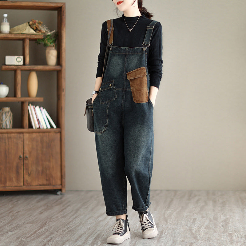 Color blocked oversized denim overalls women's jumpsuit