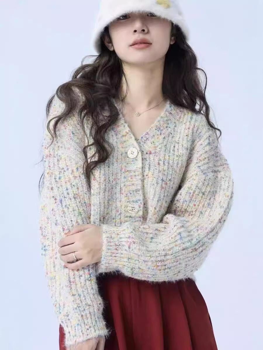 Retro colored dot sweater jacket for women wide and soft with sticky floral thread knit sweater and V-neck knit top