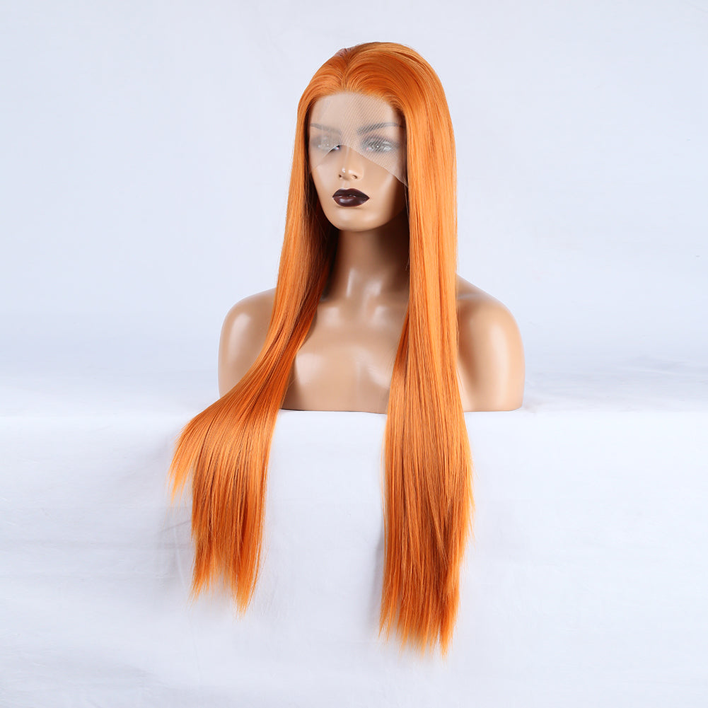 Long Straight Hair 13*2.5 Orange Chemical Fiber Front Lace Wig Head Cover Natural Hairline